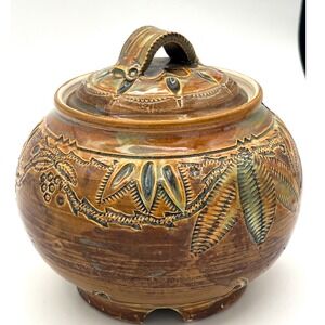 KJW Studio Pottery Lidded Jar Brown Salt Glaze Sgraffito Fern Botanical Ceramic